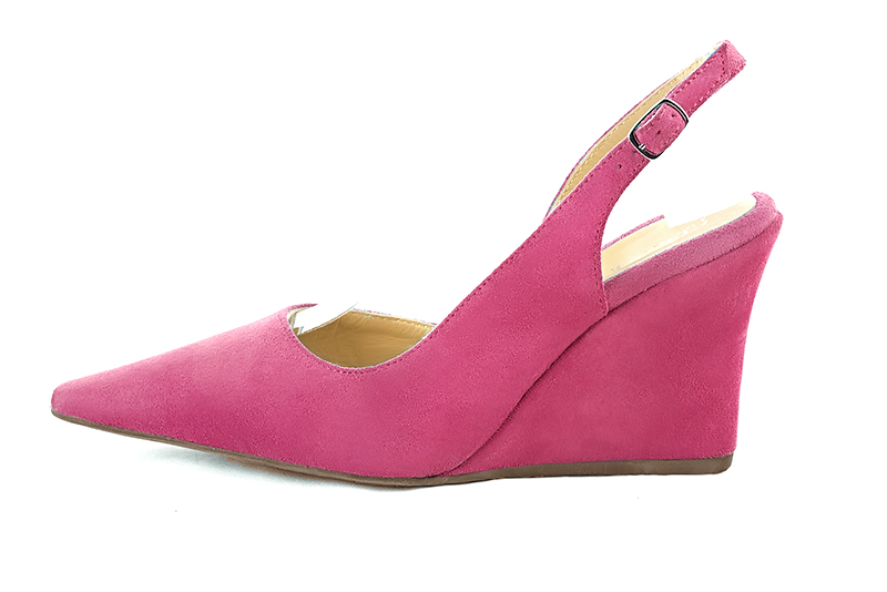 Fuschia pink women's slingback shoes. Pointed toe. High wedge heels. Profile view - Florence KOOIJMAN